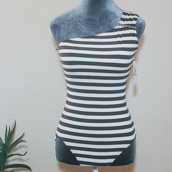 MICHAEL Michael Kors Other - Michael Kors Gun Metal & Ivory Striped Single Shoulder One-Piece Swimsuit Size 8